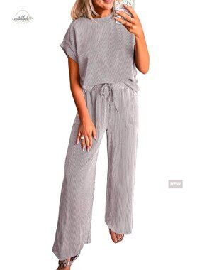 Ribbed Knit Lounge Set Short Sleeve Top Wide Leg Pants Two Piece